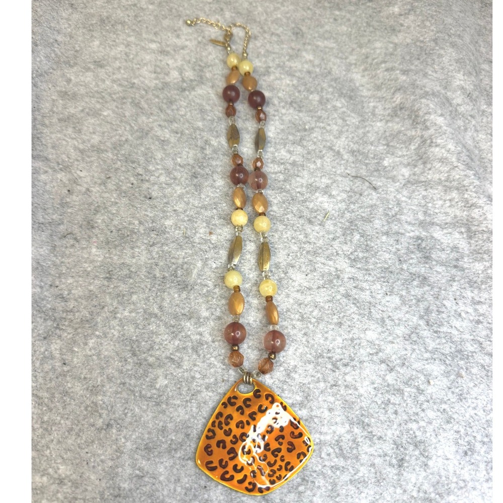 Avenue Leopard Print Enamel Pendant Beaded Necklace Orange Gold Tone Statement